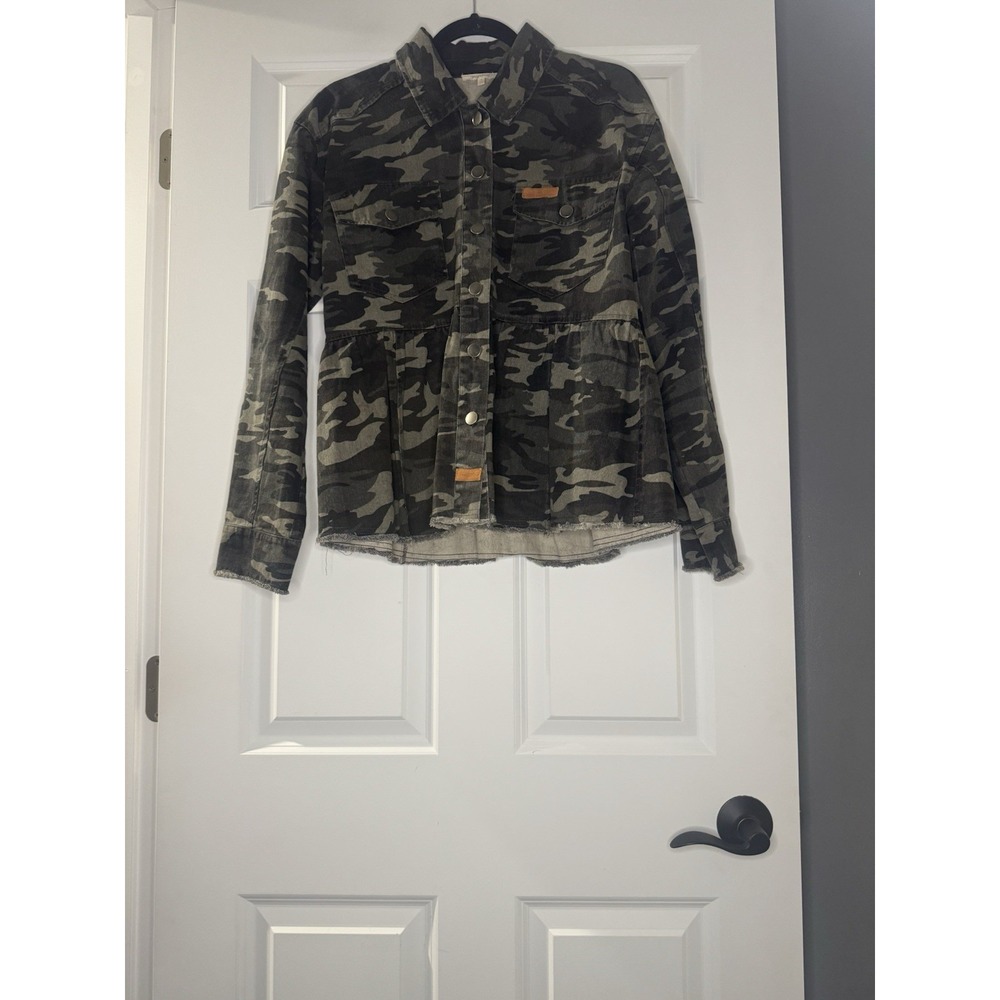 Mystree Camouflage Denim Peplum Jacket Distressed Medium